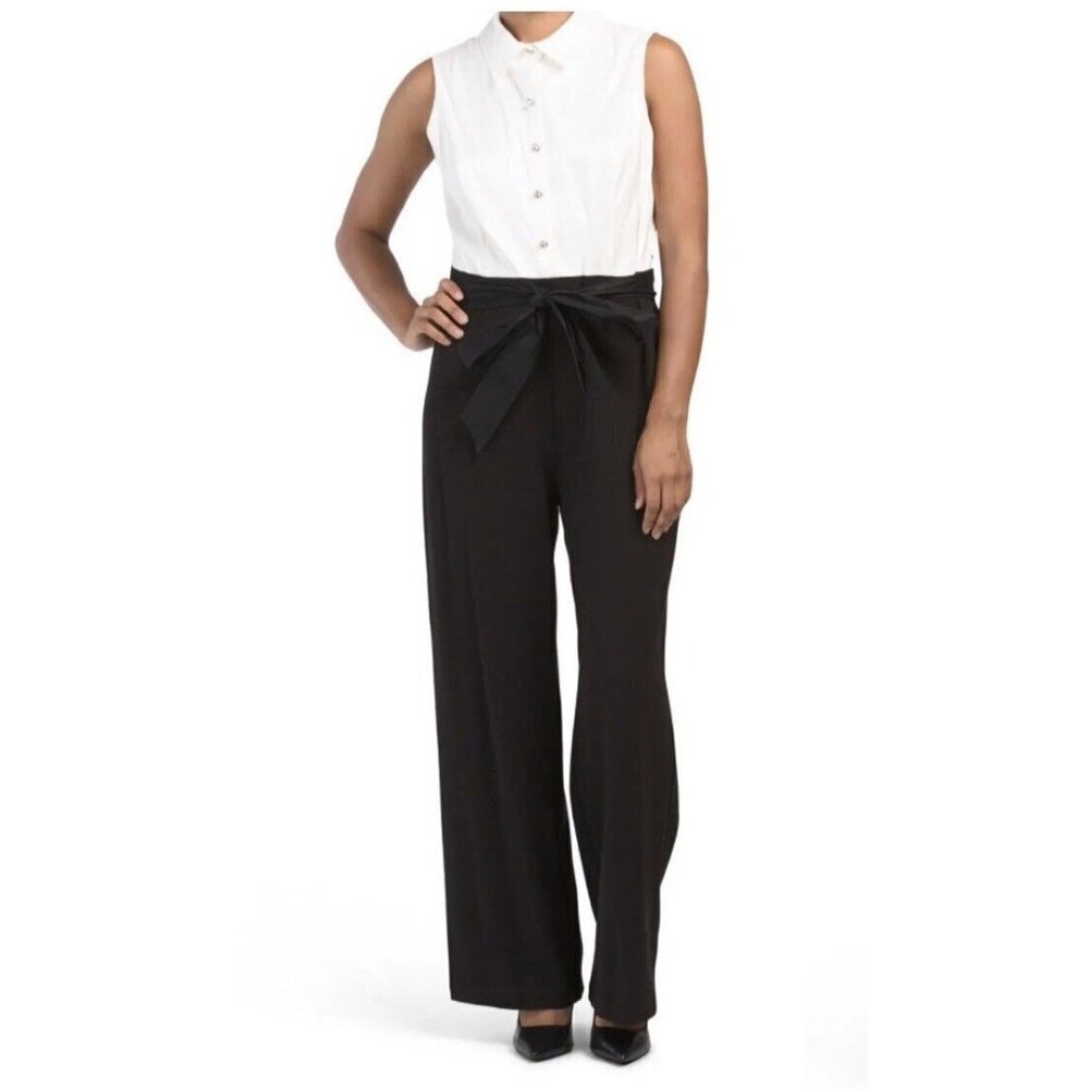 NWT MARINA Black/Beige Sleeveless Jumpsuit Size 8 Cocktail Black Waist Tie - Picture 2 of 10